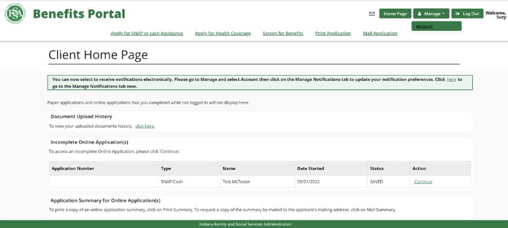 Screenshot of the Client Home Page on the FSSA Benefits Portal